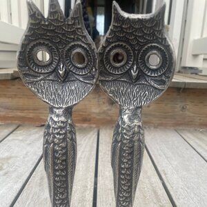 Pottery Barn Metal Owl Stand Up Salad Serving Utensils VINTAGE & RARE
